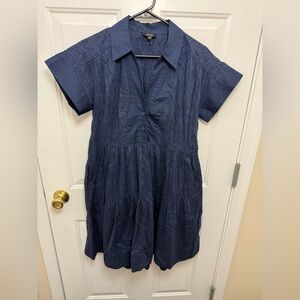 ME+EM Women's Floral Textured Pattern Flare Hem Navy Blue Midi Dress Cotton 4